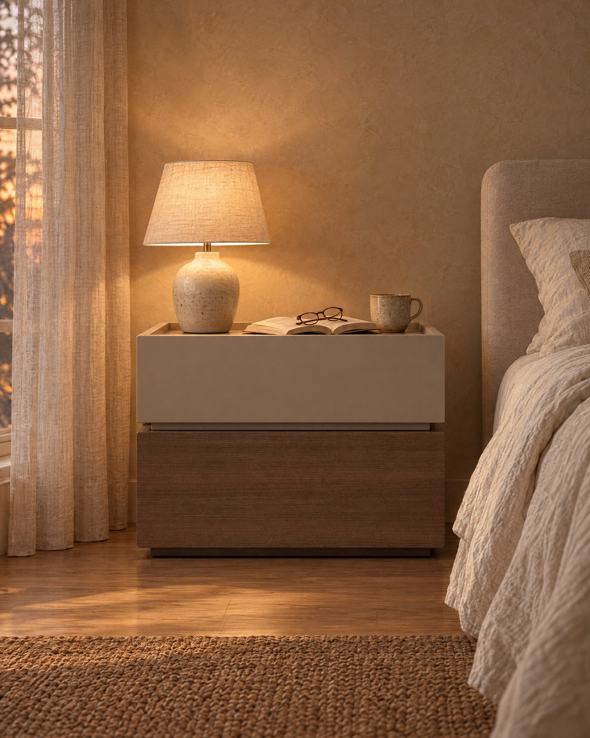 Taupe and walnut bedside table with a built-in safe and a lamp switched on in the evening