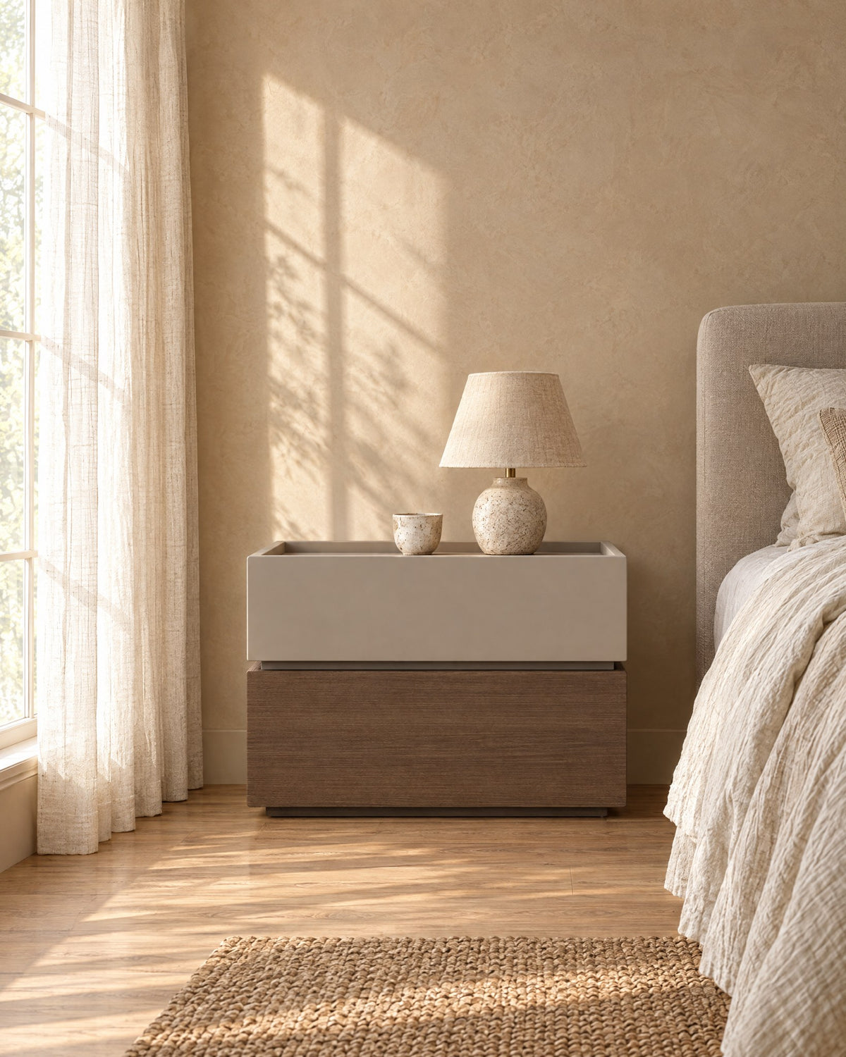 Taupe and walnut bedside table in morning light