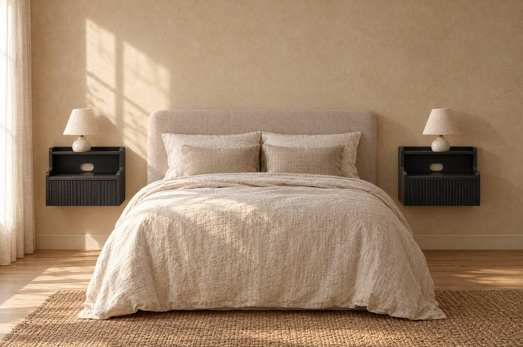 Pair of black floating bedside tables on each side of a double bed