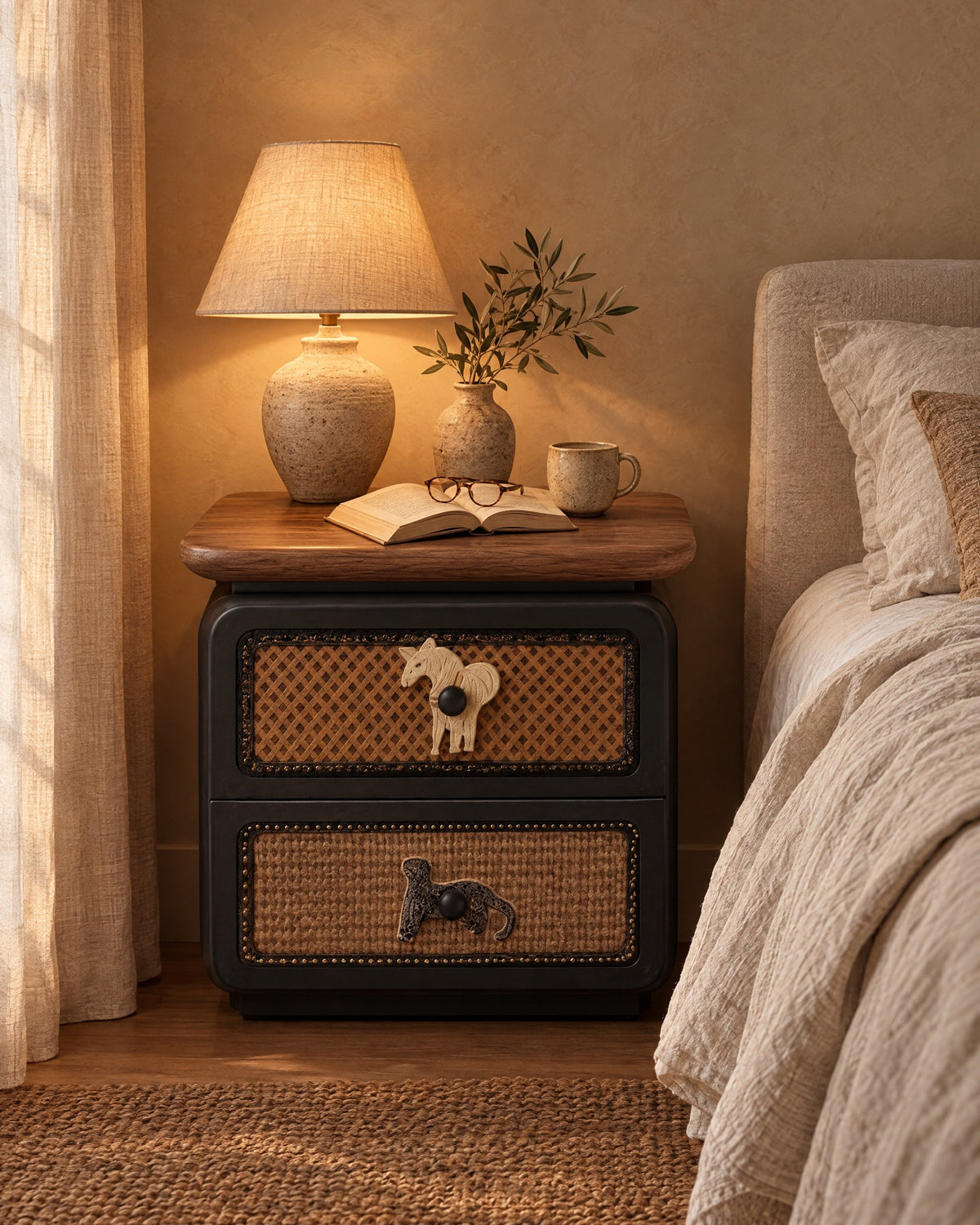 Black bedside table with woven rattan drawers and carved animal pulls, lamp switched on in the evening