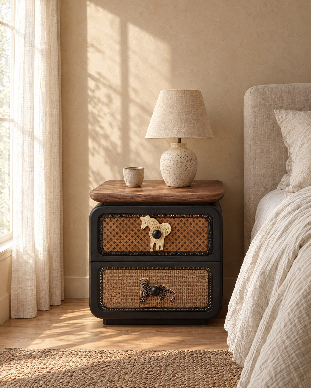 Black bedside table with rattan drawers and a ceramic lamp in morning light