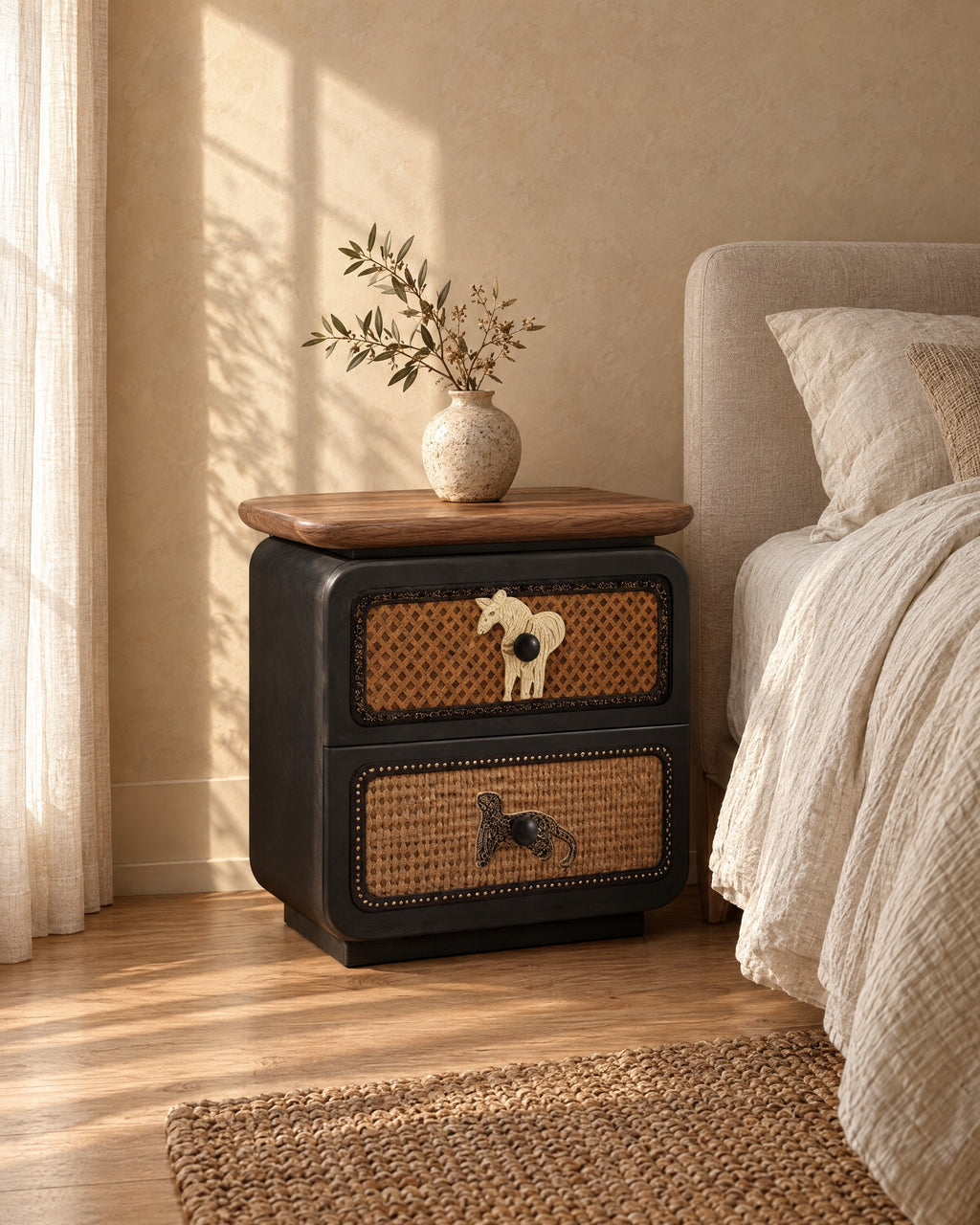 Three-quarter view of the black rattan bedside table and its walnut top