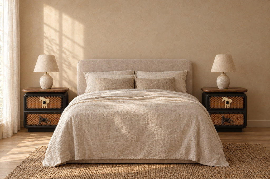 Pair of black rattan bedside tables on each side of a double bed