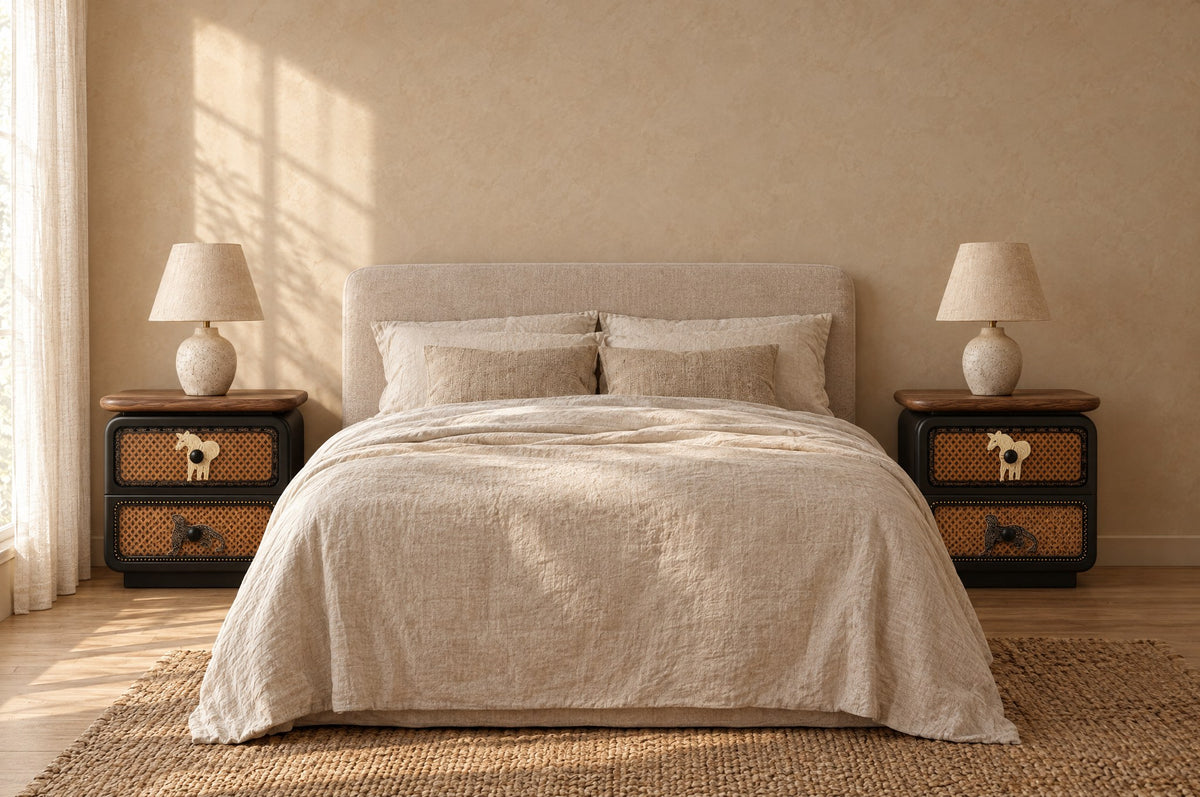 Pair of black rattan bedside tables on each side of a double bed
