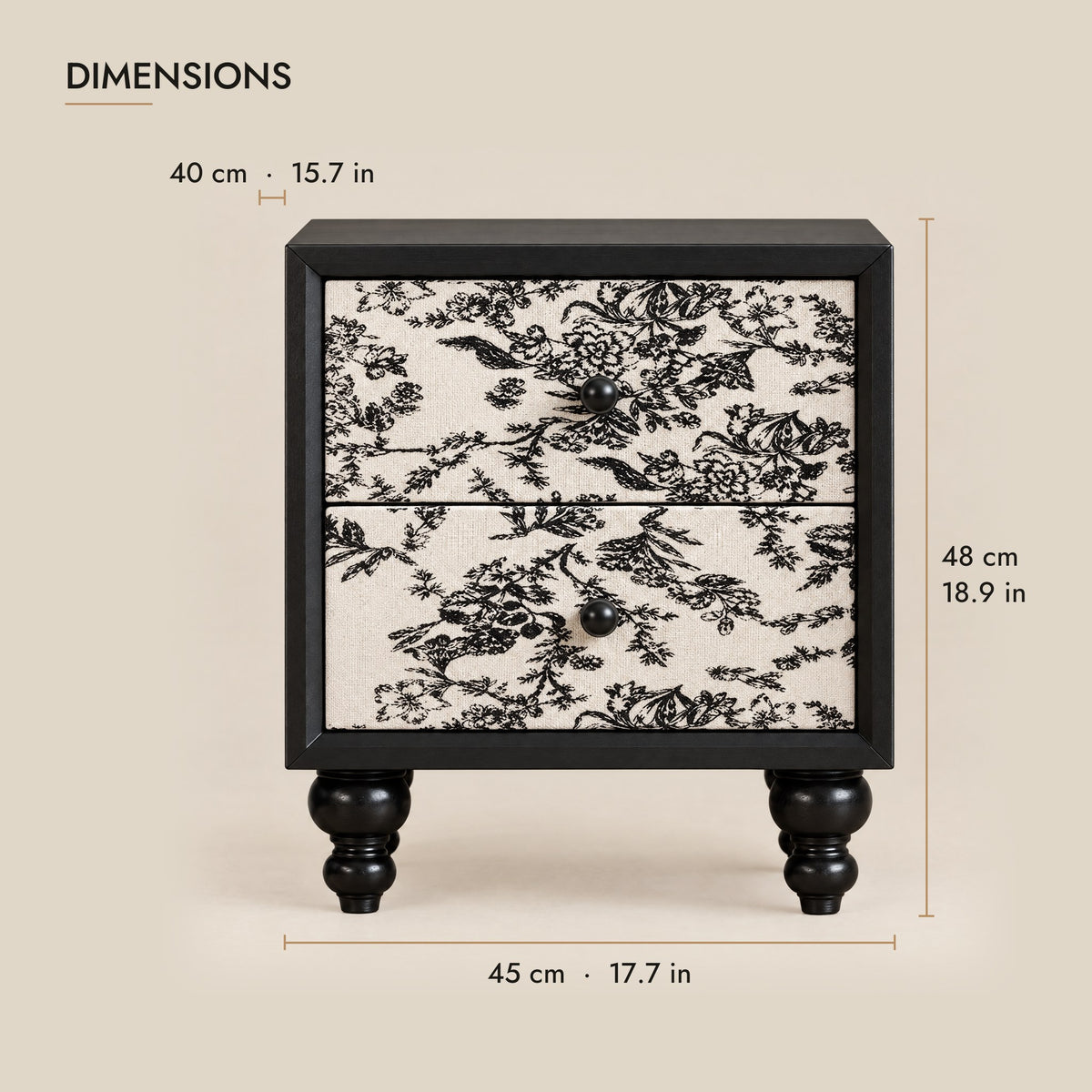Black bedside table with floral toile drawers dimensions: 45 x 40 x 48 cm (W x D x H)