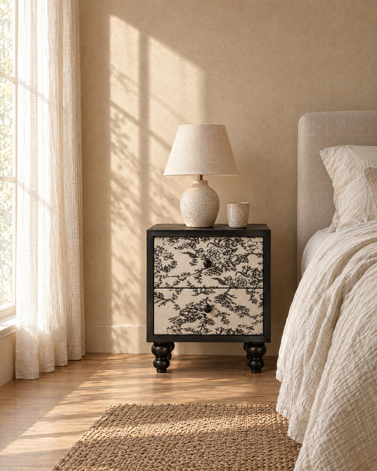 Black bedside table with floral toile drawers in warm morning light