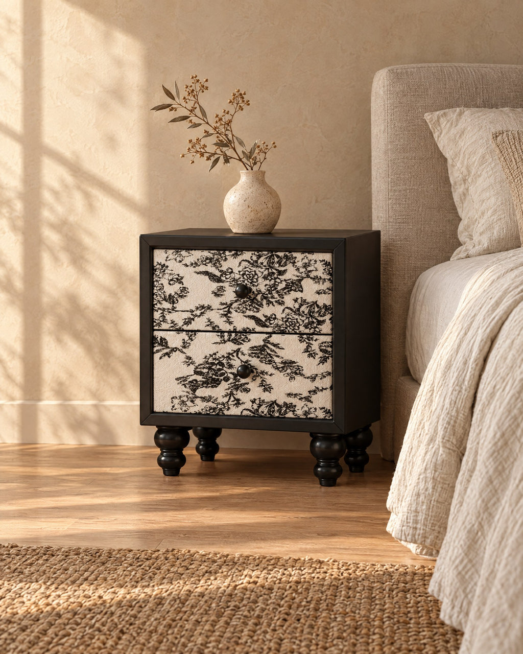 Three-quarter view of the black bedside table with floral toile drawers