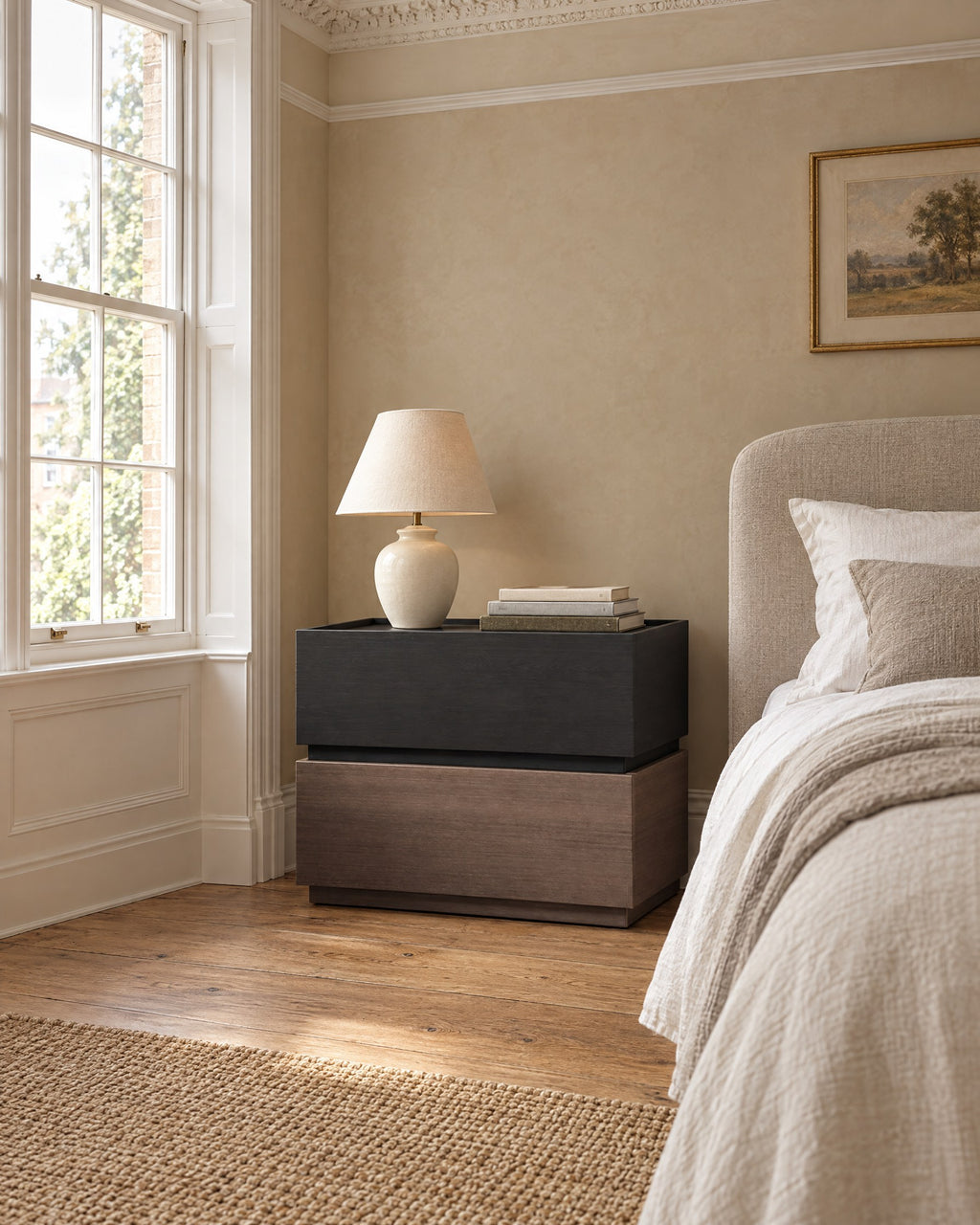 Modern bedside table of two stacked blocks, black wood grain over walnut tone beside a linen bed in a British bedroom with a sash window