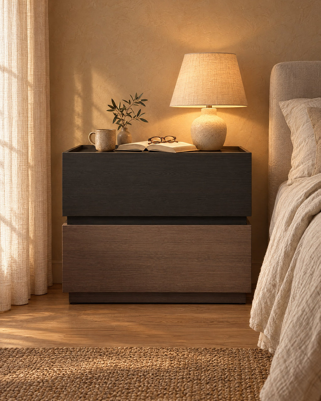 Modern bedside table of two stacked blocks, black wood grain over walnut tone, lamp switched on and an open book in the evening