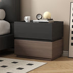 Front view of the modern bedside table of two stacked blocks, black wood grain over walnut tone