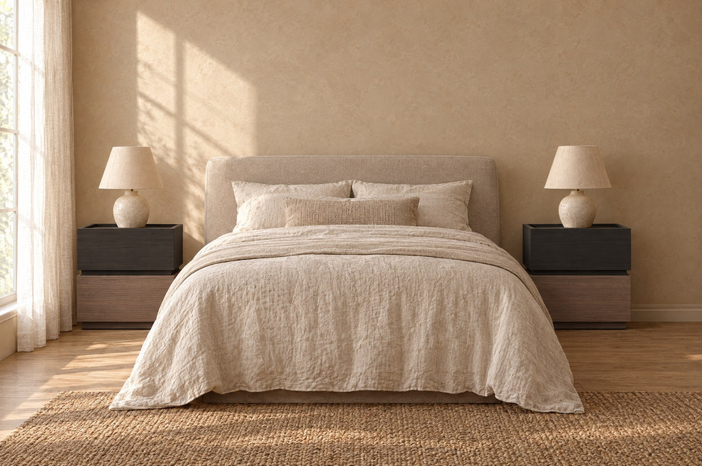 Pair of modern bedside tables of two stacked blocks, black wood grain over walnut tone either side of a double bed