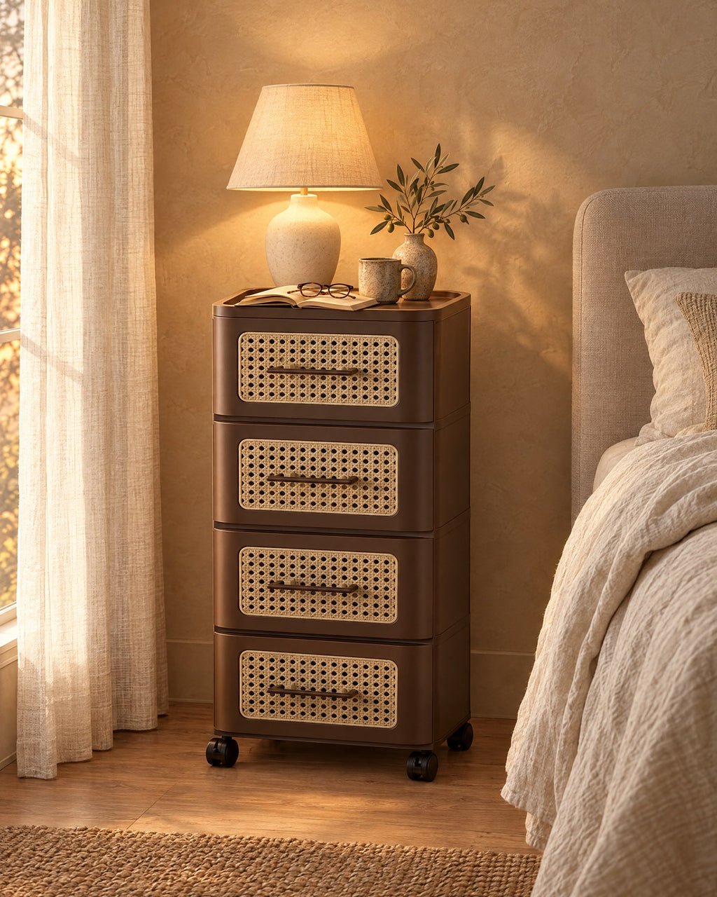 Brown rolling bedside chest with four cane-effect drawers and a lamp switched on in the evening