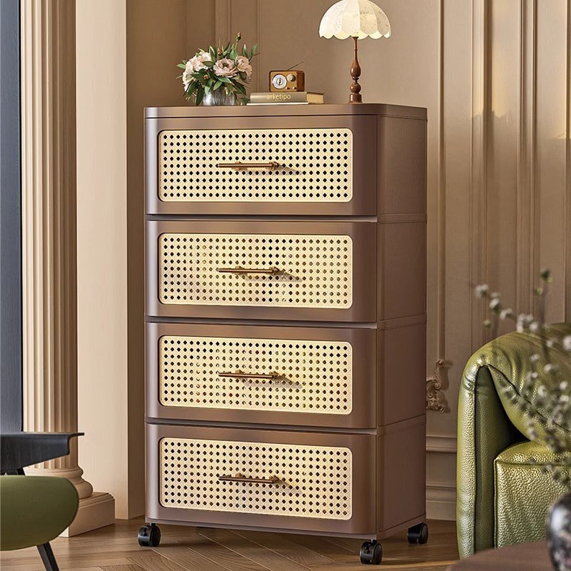Front view of the brown rolling bedside chest with four drawers