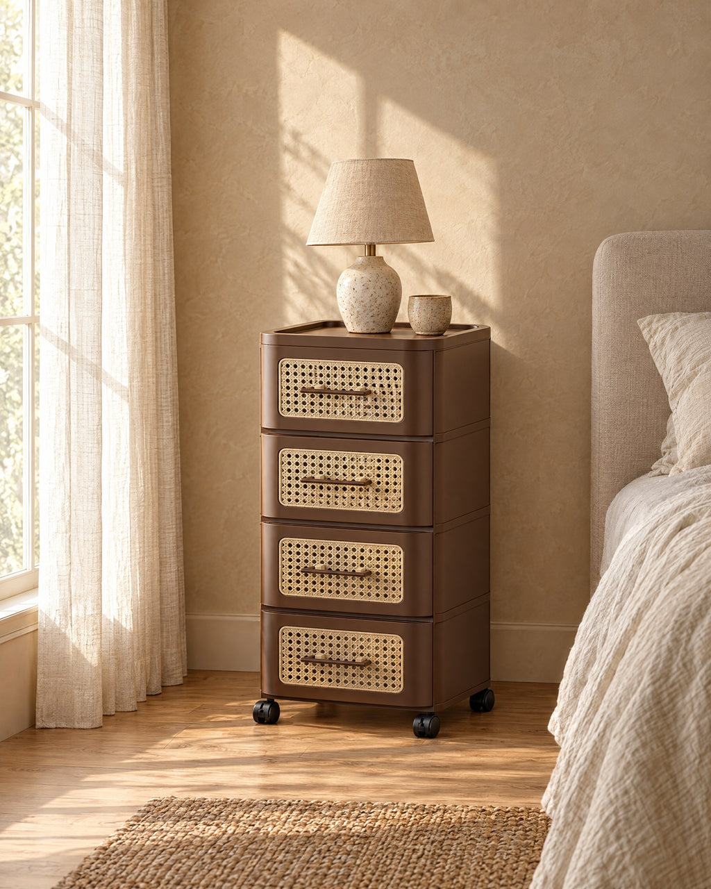 Brown bedside chest with cane-effect drawers in morning light
