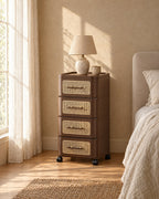 Brown bedside chest with cane-effect drawers in morning light