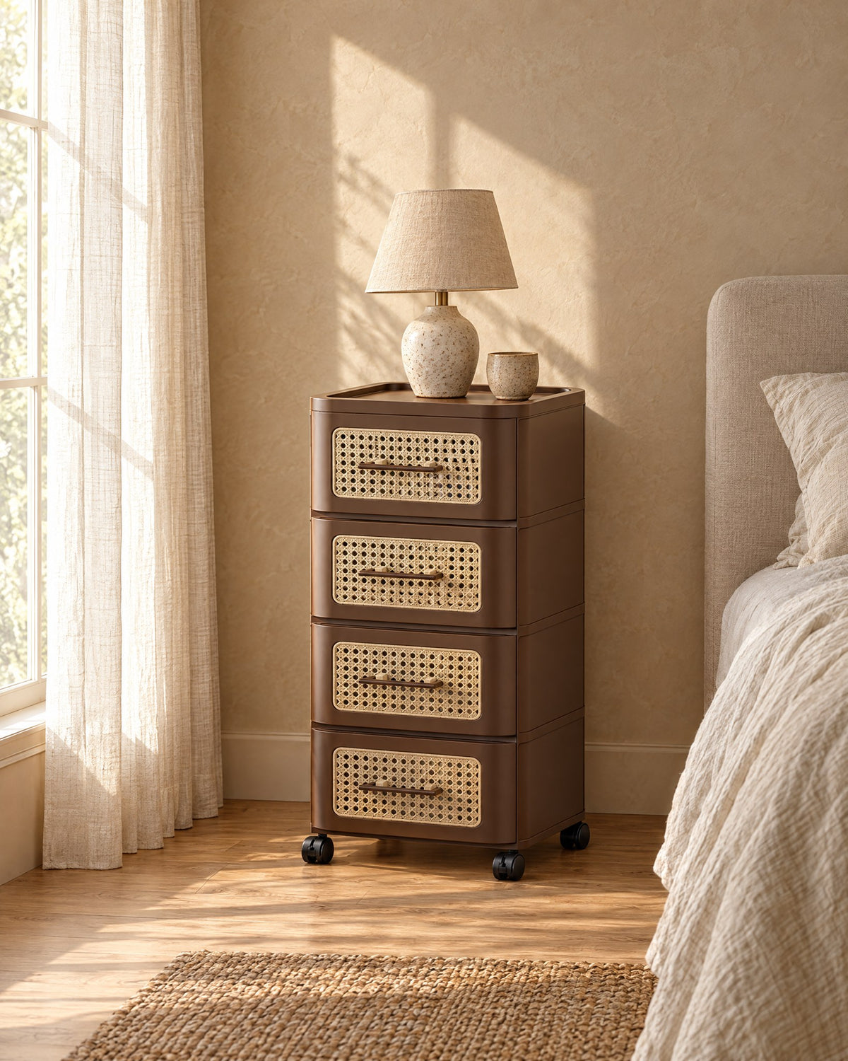 Brown bedside chest with cane-effect drawers in morning light