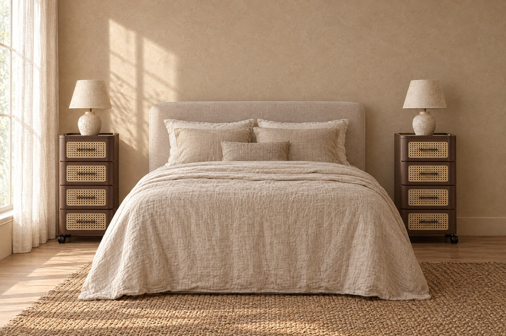 Pair of brown rolling bedside chests on each side of a double bed