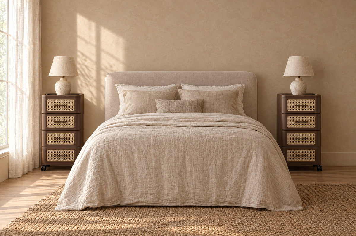 Pair of brown rolling bedside chests on each side of a double bed