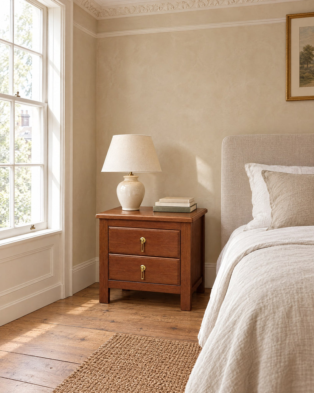 Brown wood bedside table with two drawers and brass pulls beside a linen bed in a British bedroom with a sash window