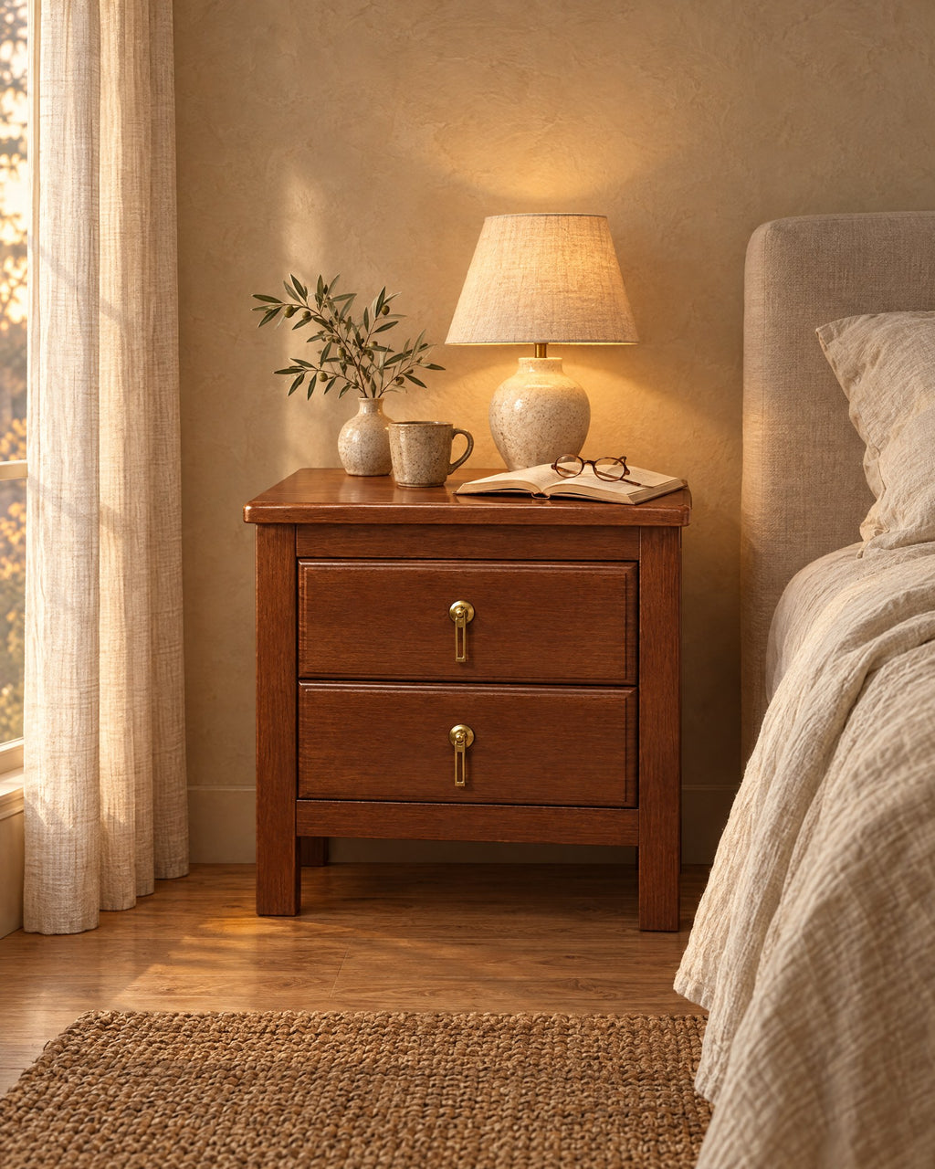 Brown wood bedside table with two drawers and brass pulls, lamp switched on and an open book in the evening