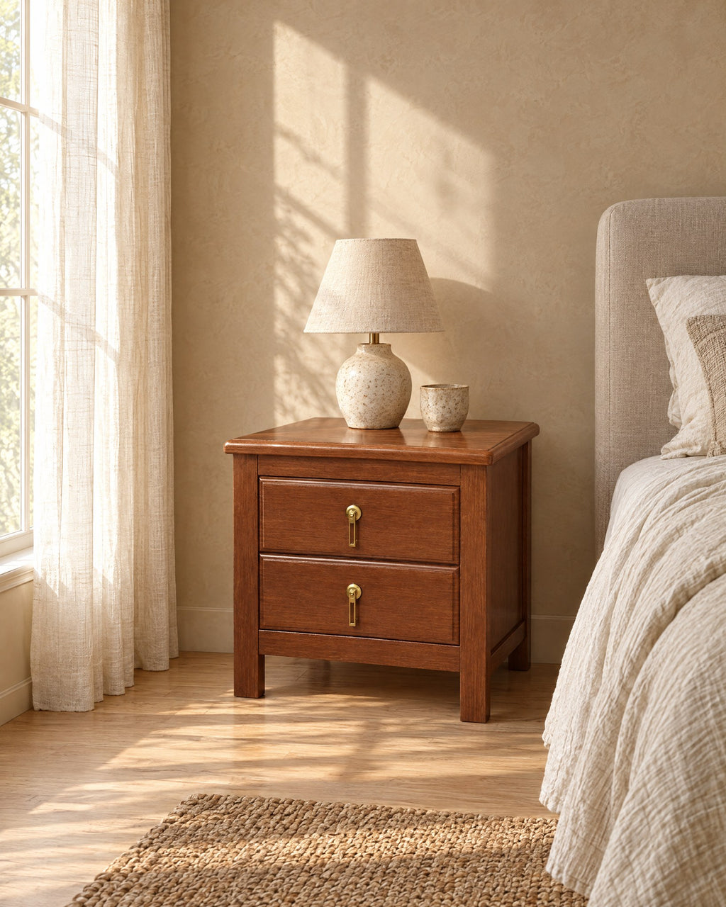 Brown wood bedside table with two drawers and brass pulls in warm morning light