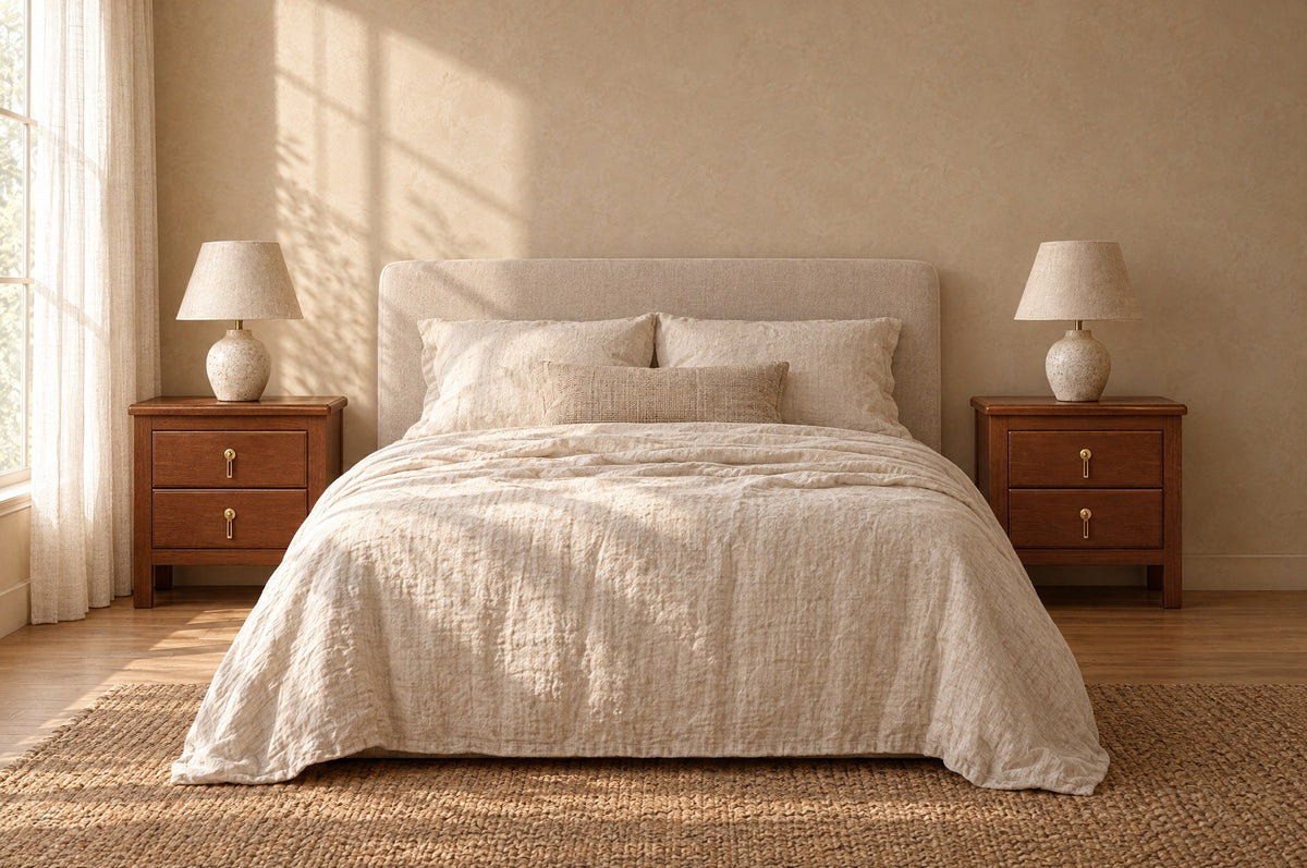 Pair of brown wood bedside tables with two drawers and brass pulls on each side of a double bed