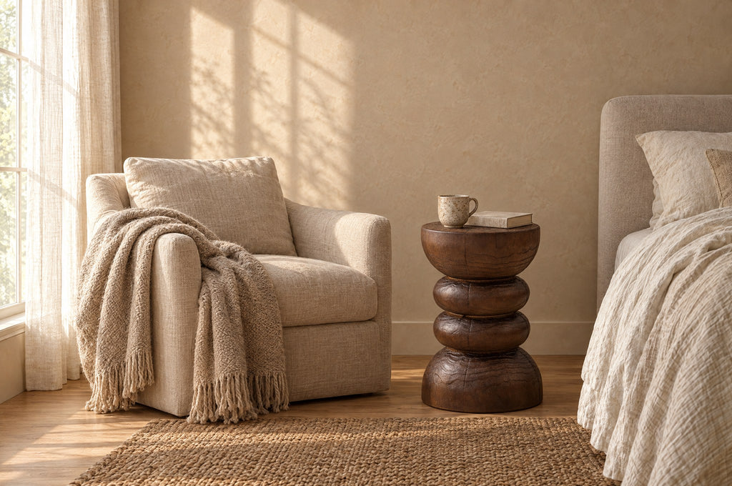 Carved wood pedestal bedside table beside a linen armchair in a reading corner