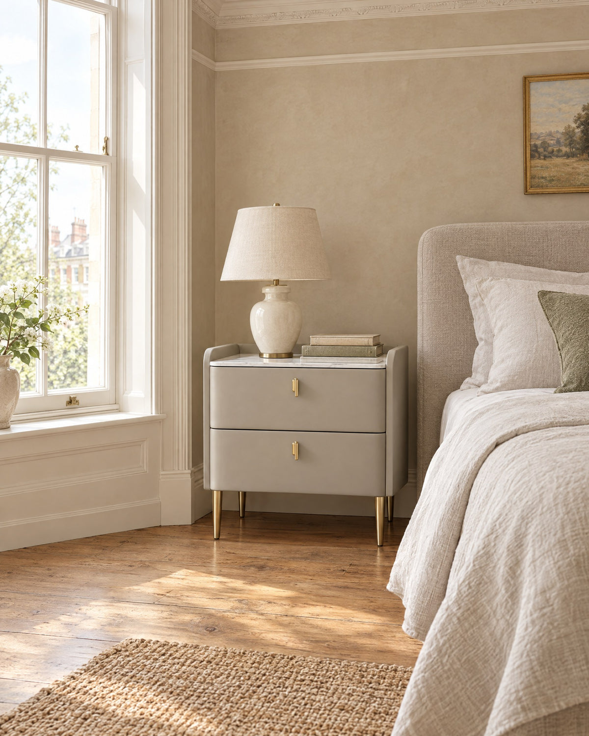 Champagne grey bedside table with two drawers beside a linen bed in a British bedroom with a sash window