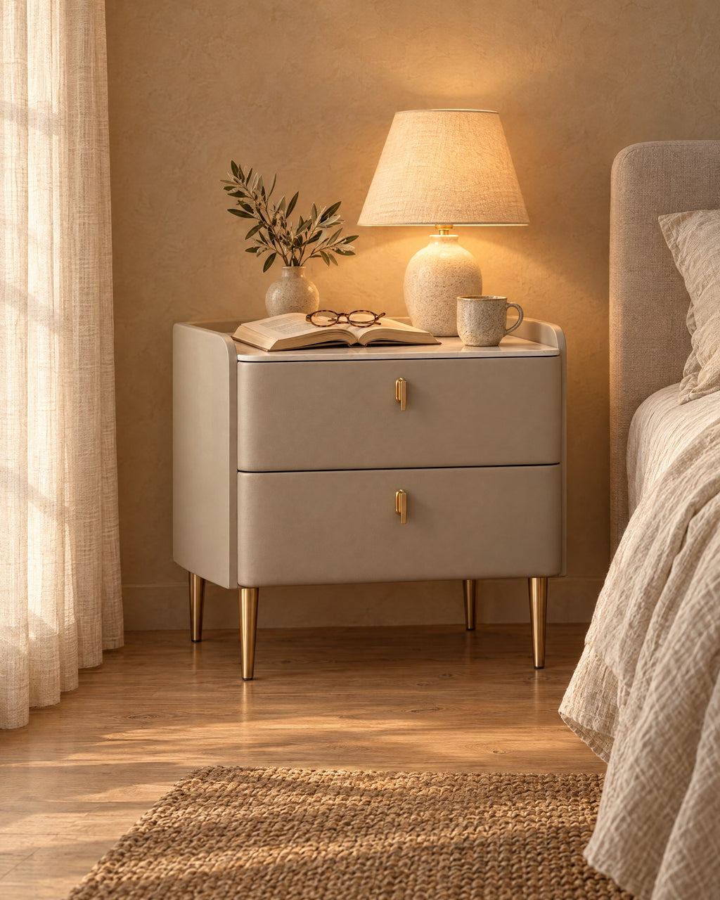 Champagne grey bedside table with gold legs, a lamp switched on and an open book in the evening