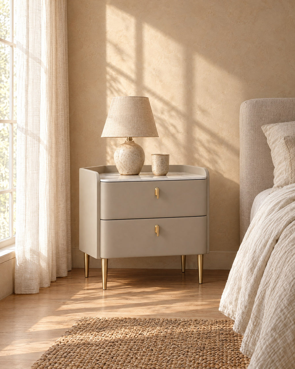 Champagne grey bedside table with a ceramic lamp in morning light