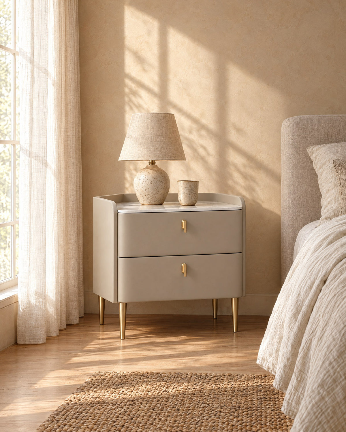 Champagne grey bedside table with a ceramic lamp in morning light