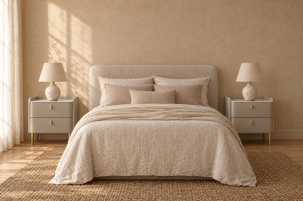 Pair of champagne grey bedside tables with gold legs on each side of a double bed