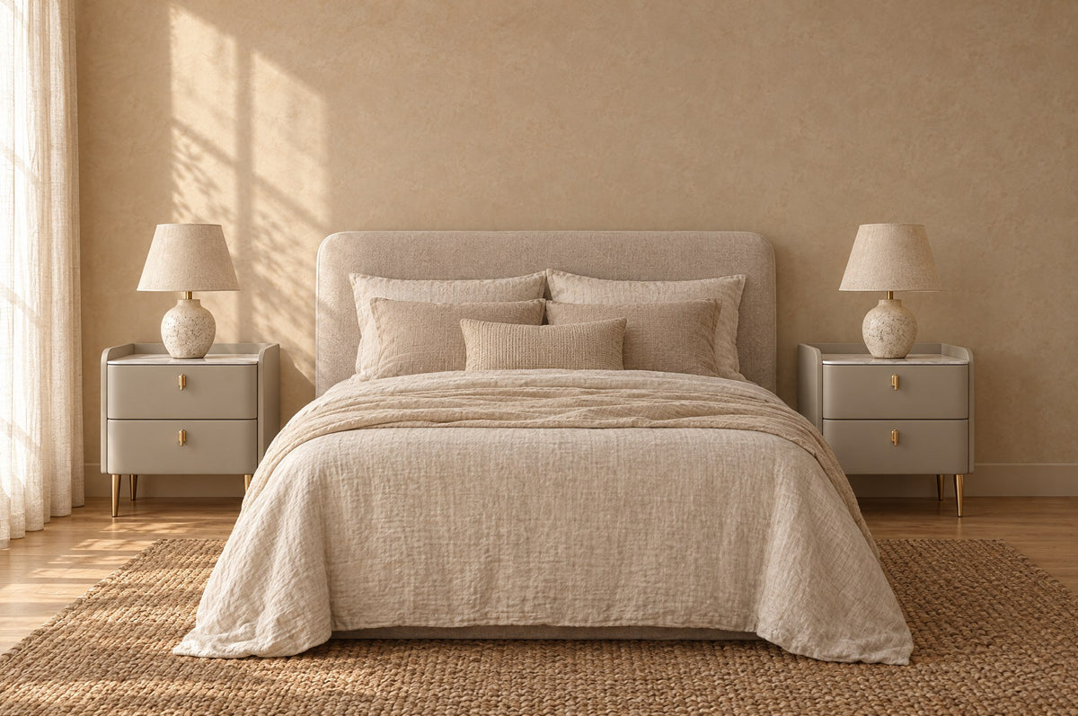 Pair of champagne grey bedside tables with gold legs on each side of a double bed