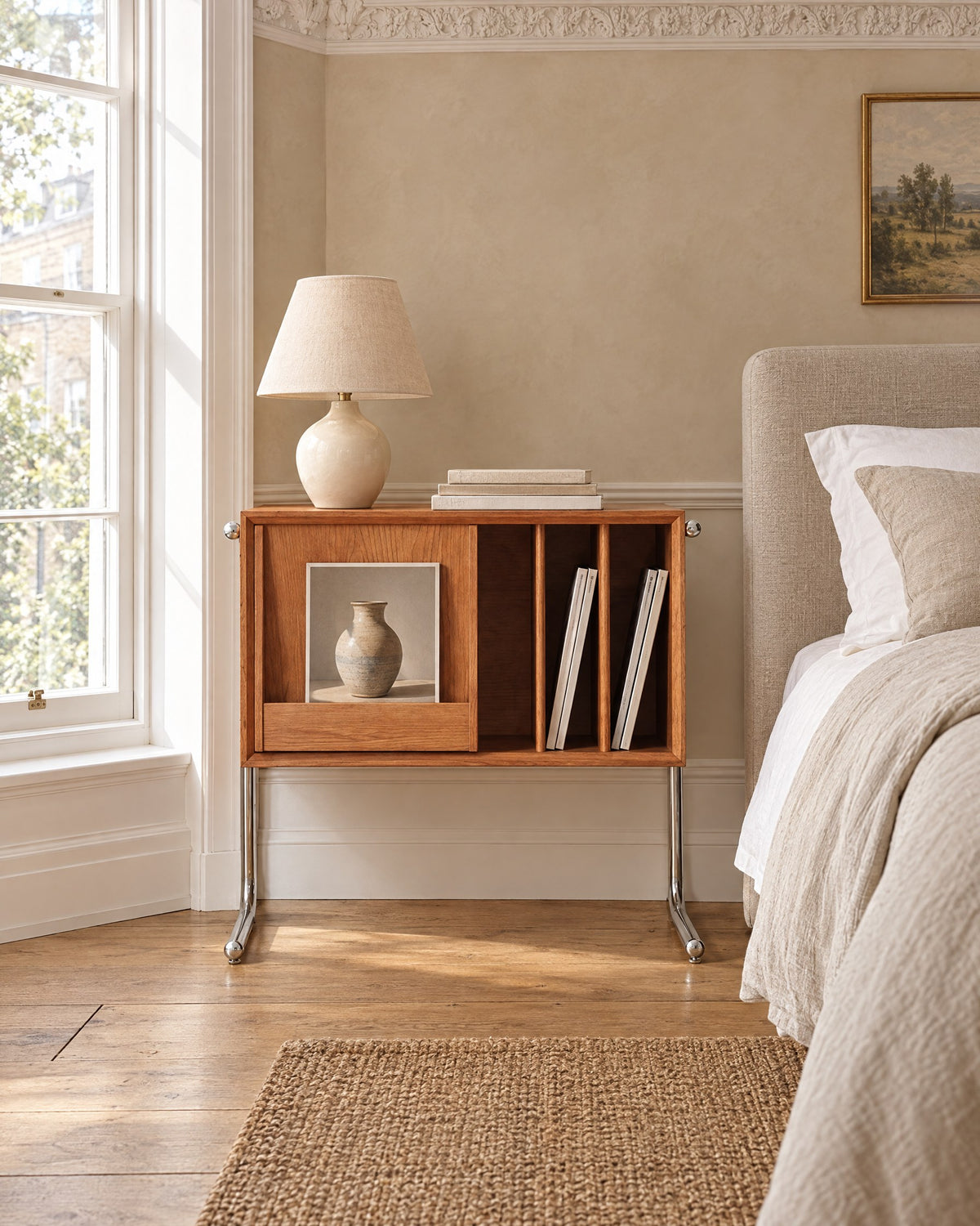 Cherry wood record cabinet beside a linen bed in a British bedroom with a sash window