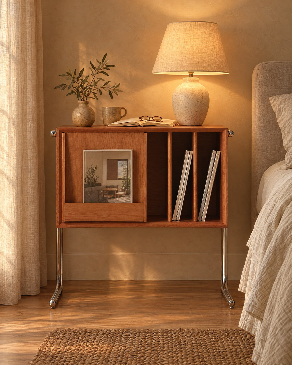 Cherry wood record storage bedside cabinet with chrome legs, lamp switched on and an open book in the evening