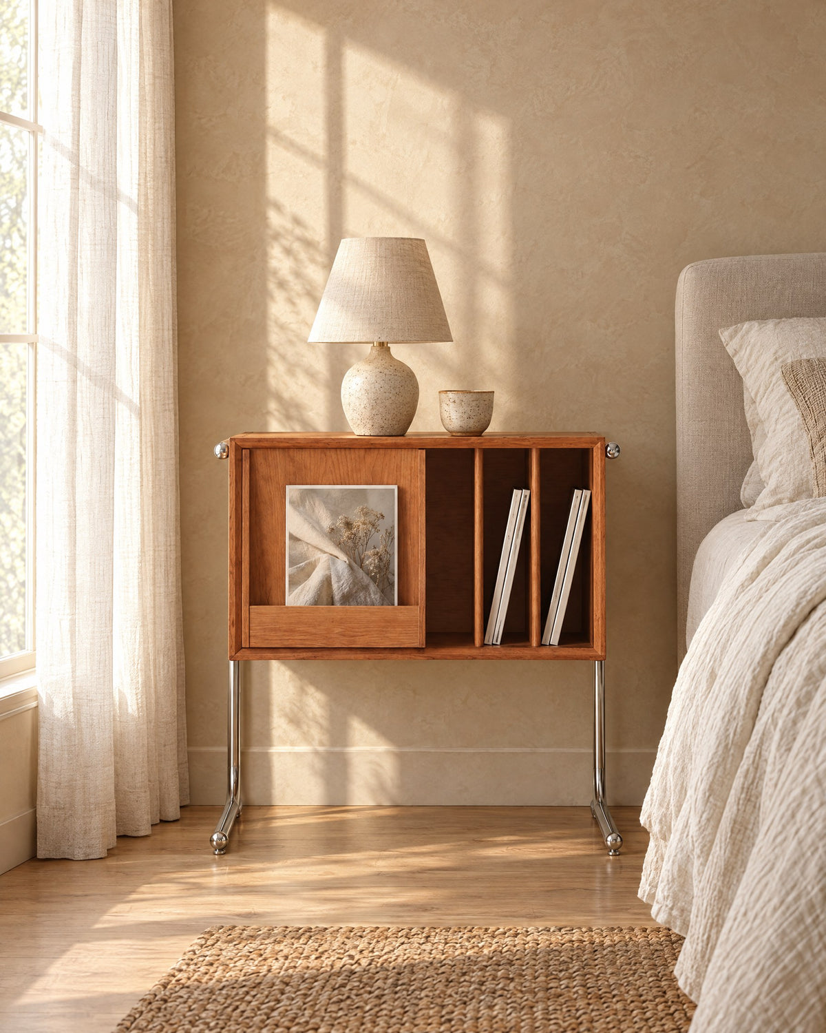Vintage record storage bedside cabinet in morning light with a ceramic lamp