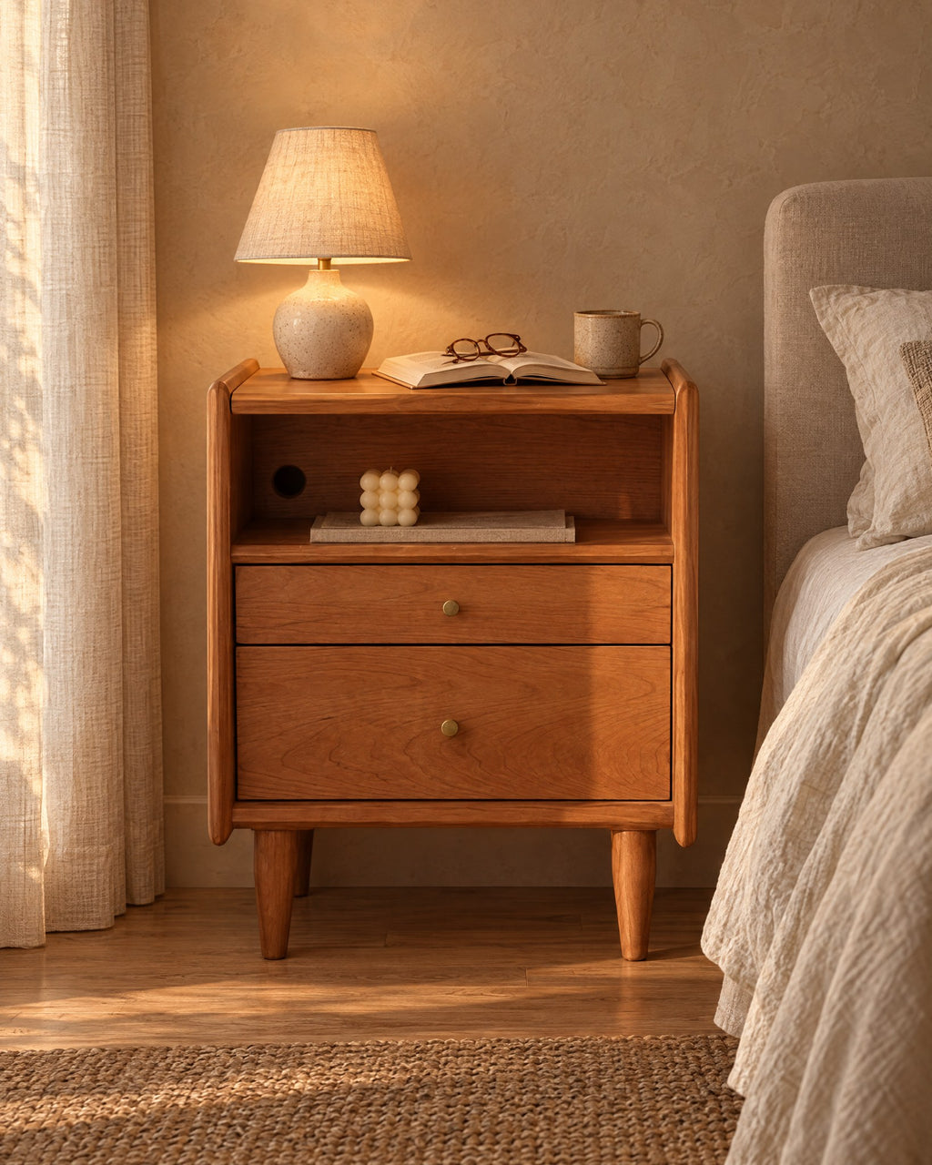 Cherry wood bedside table with open niche with a lamp switched on and an open book in the evening