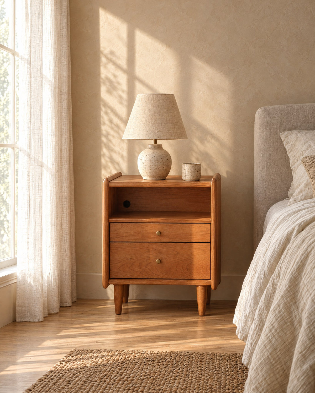 Cherry wood bedside table with open niche in warm morning light with window shadows on the wall