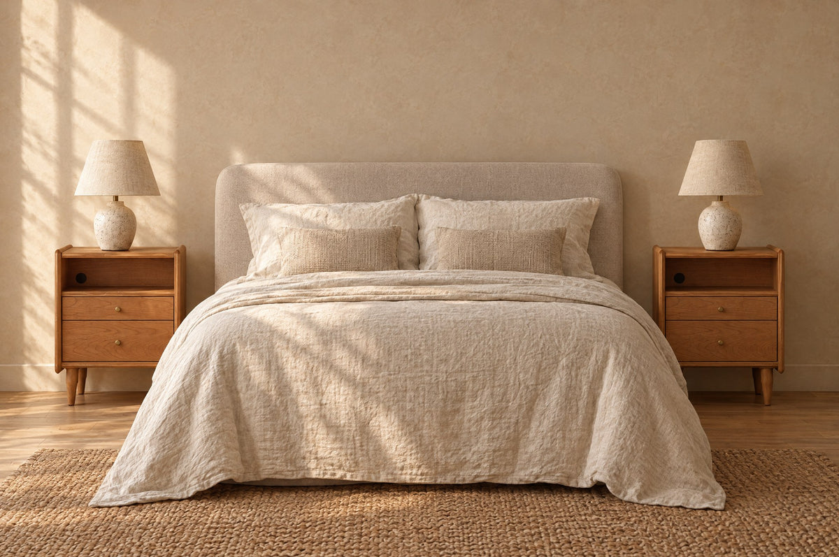 Pair of cherry wood bedside tables with open niche on each side of a double bed