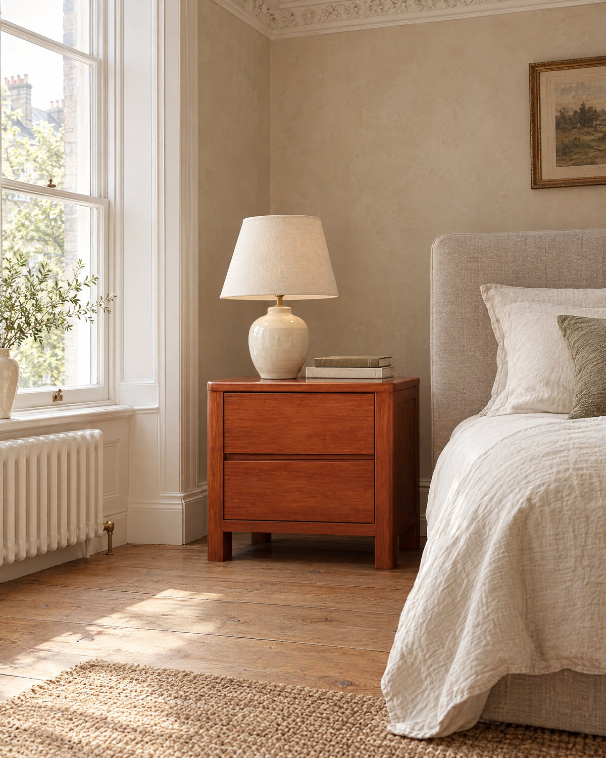 Cherry-tone wooden bedside table with two handle-free drawers beside a linen bed in a British bedroom with a sash window