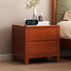 Front view of the cherry-tone wooden bedside table with two handle-free drawers