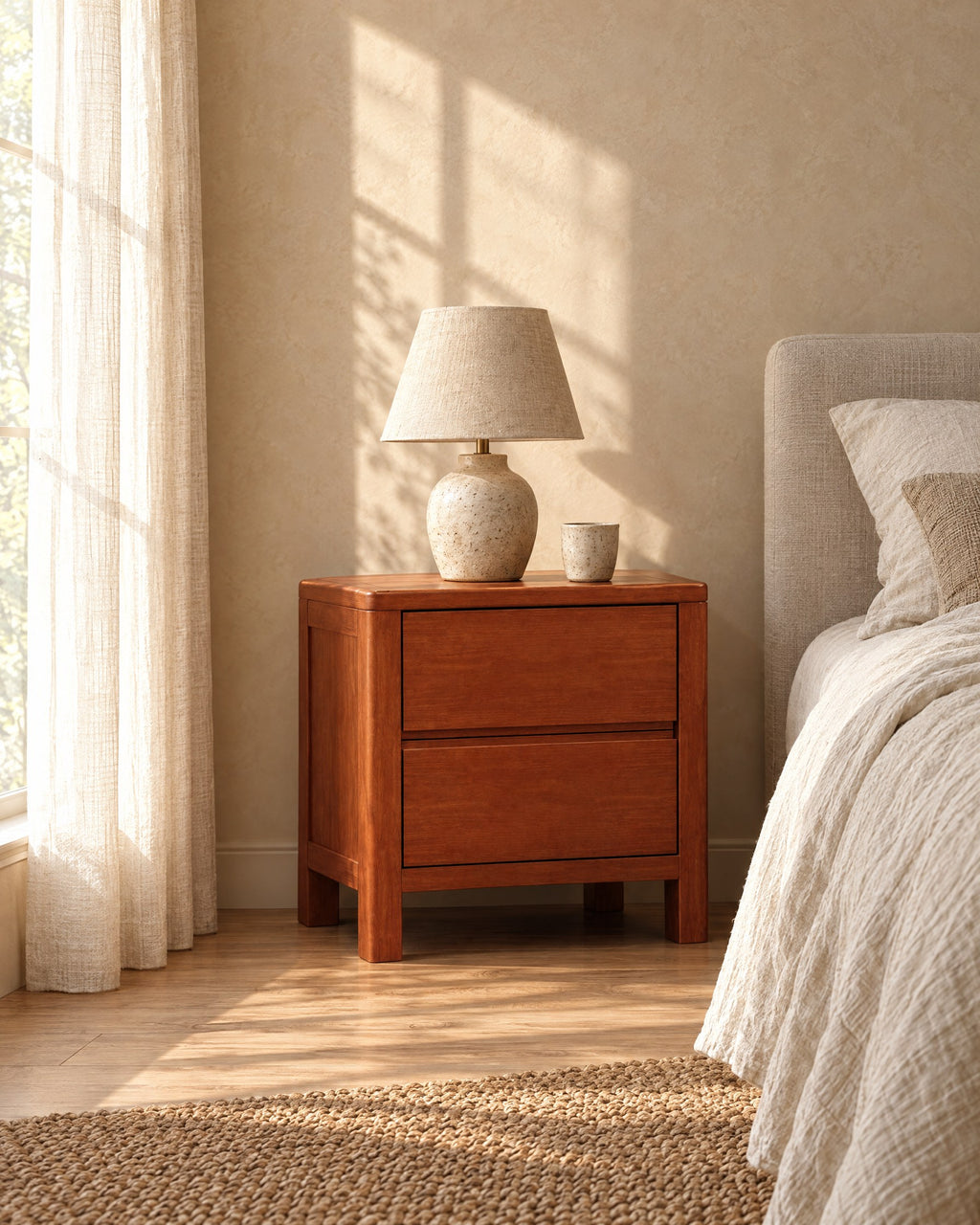 Cherry-tone wooden bedside table with two handle-free drawers with a ceramic lamp in morning light