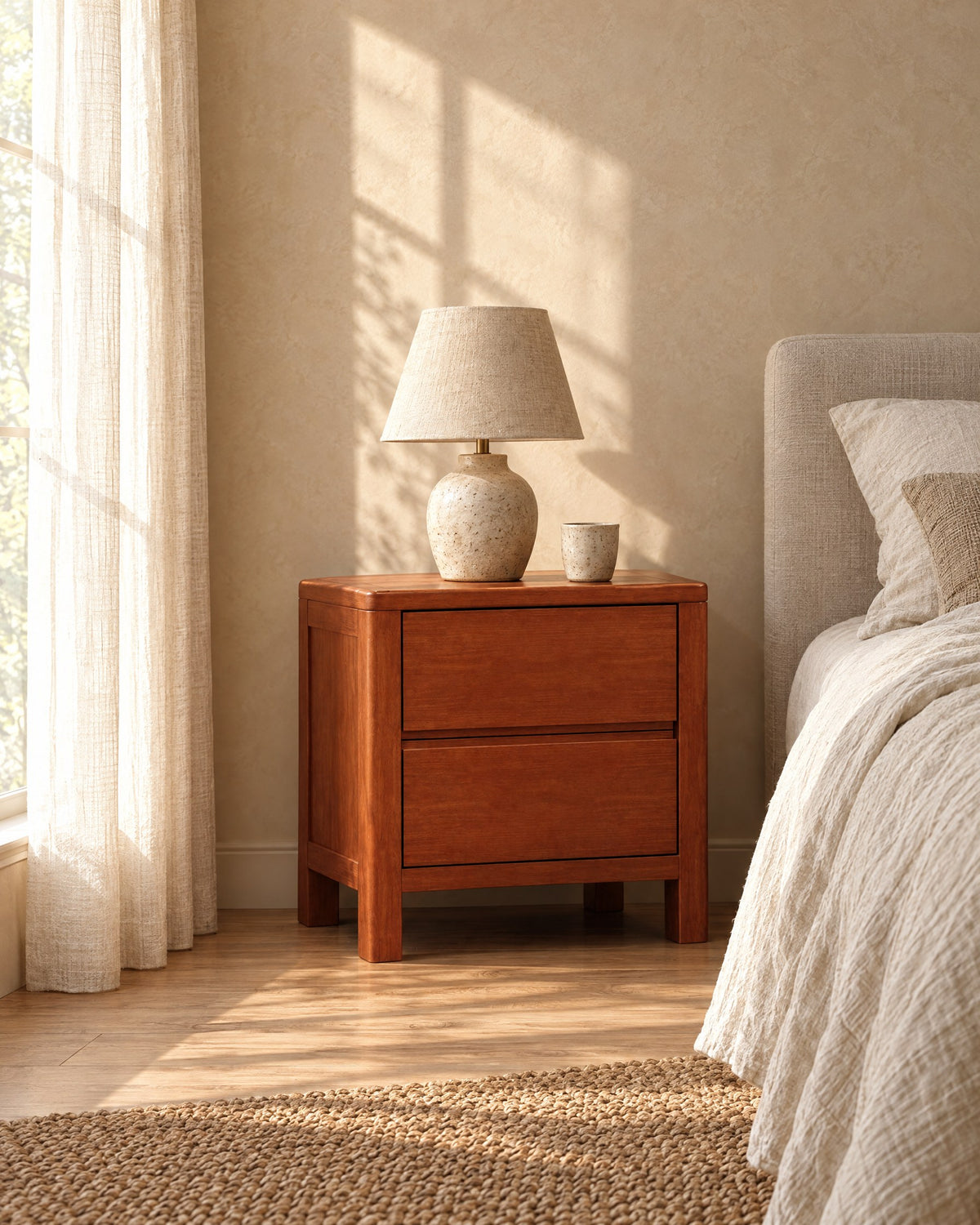 Cherry-tone wooden bedside table with two handle-free drawers with a ceramic lamp in morning light