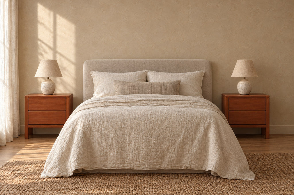 Pair of cherry-tone wooden bedside tables with two handle-free drawers either side of a double bed
