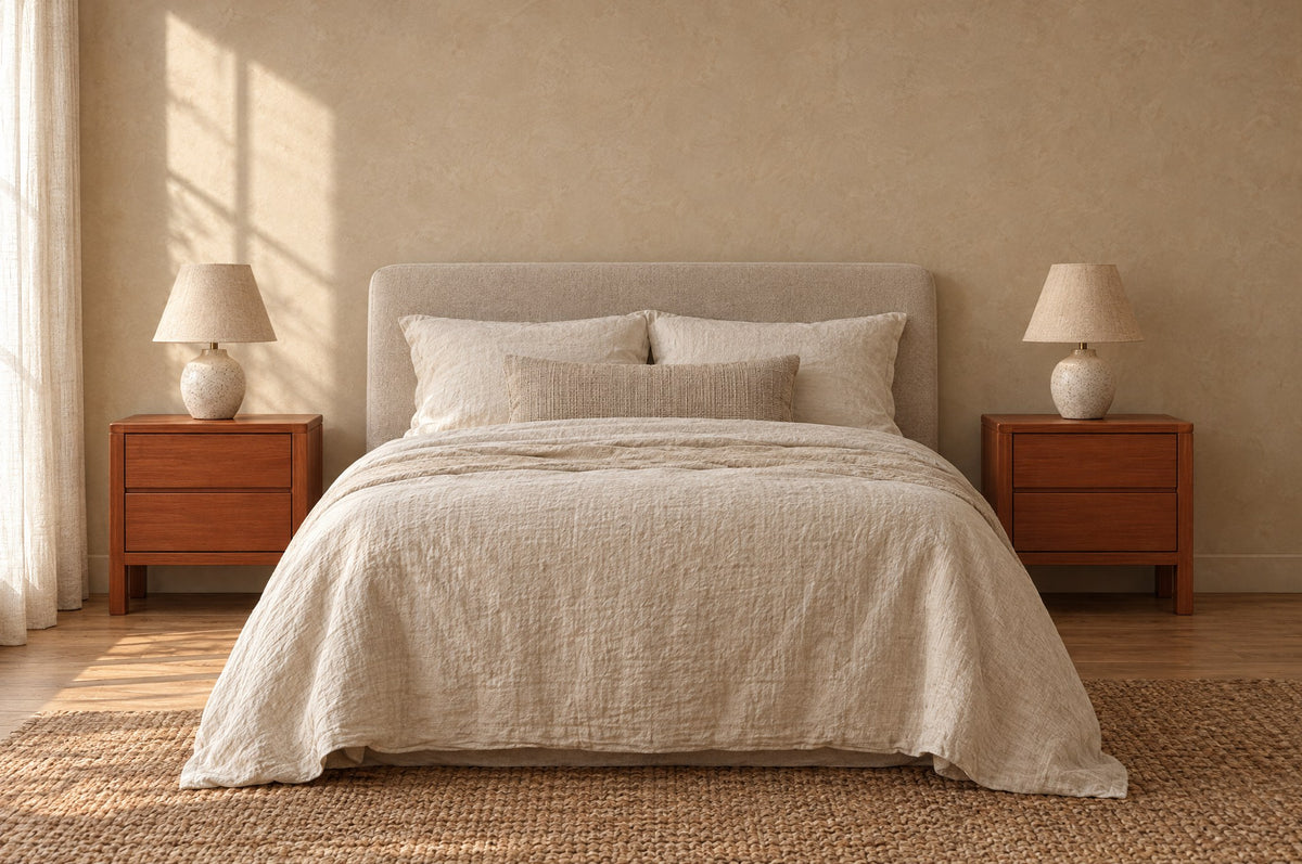 Pair of cherry-tone wooden bedside tables with two handle-free drawers either side of a double bed