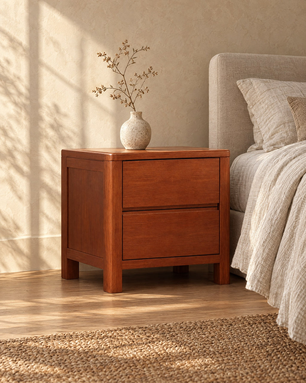 Three-quarter view of the cherry-tone wooden bedside table with two handle-free drawers