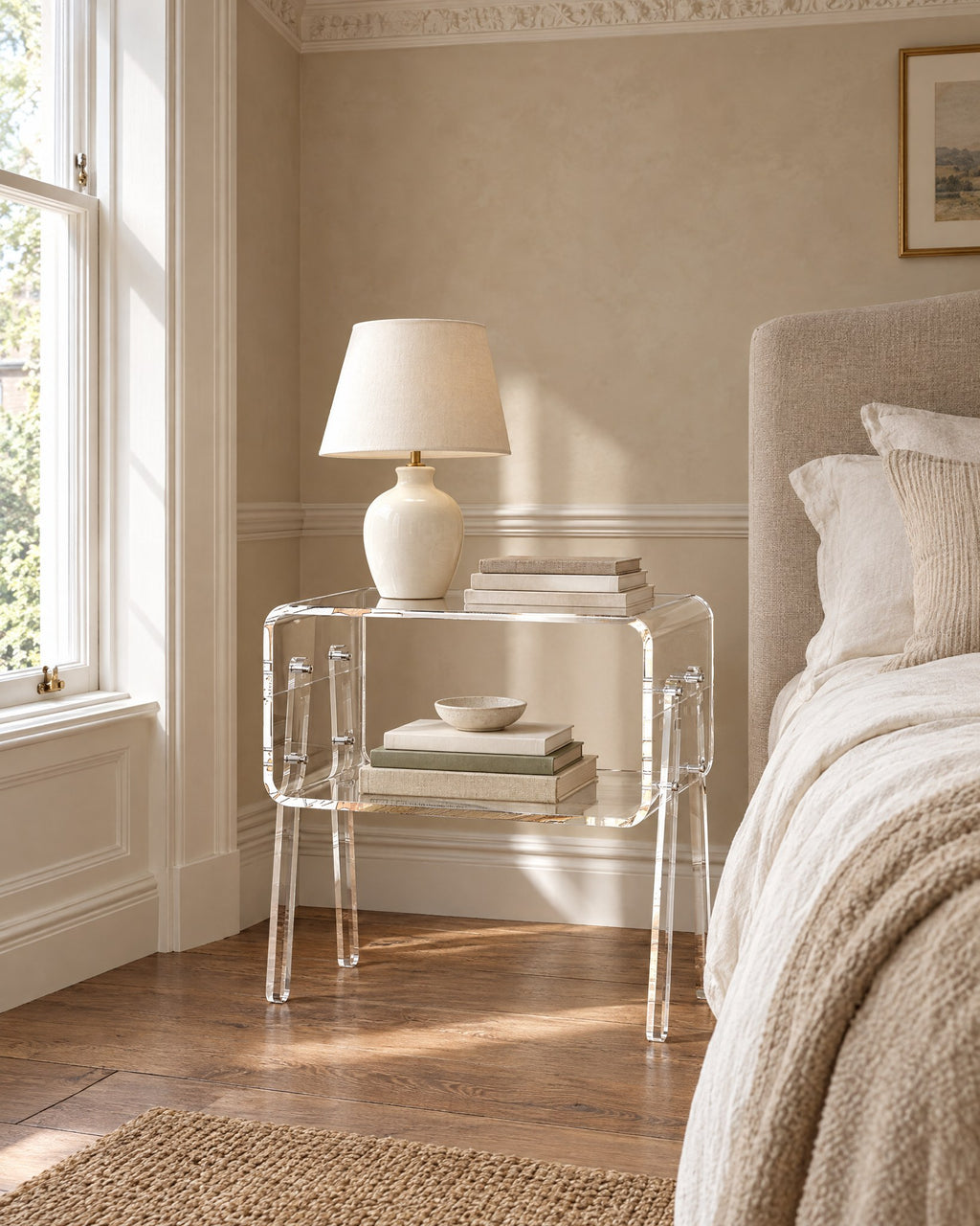 Clear acrylic bedside table beside a linen bed in a British bedroom with a sash window