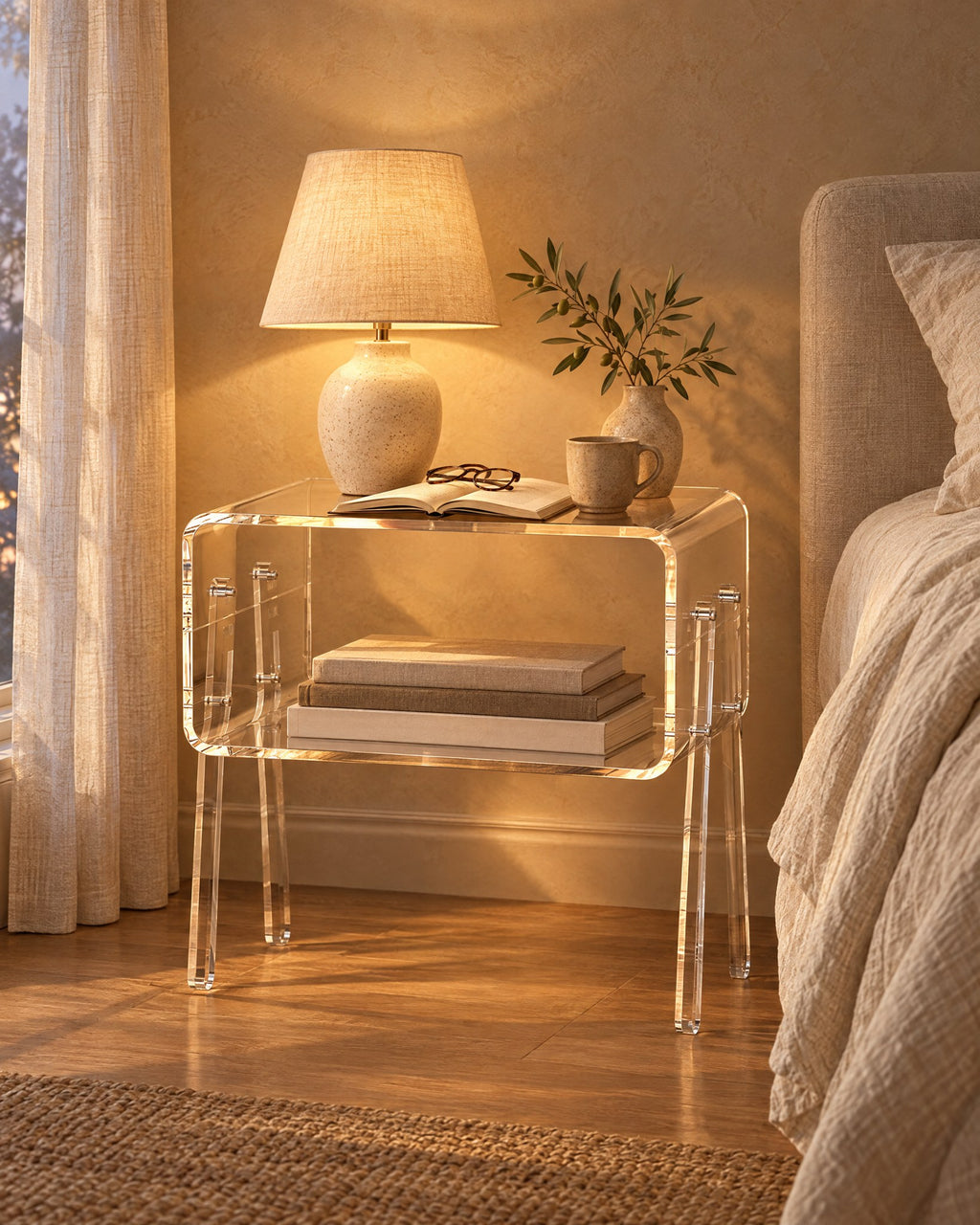 Clear acrylic bedside table, lamp switched on and an open book in the evening