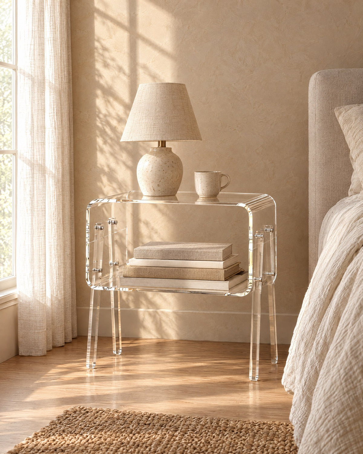 Clear acrylic bedside table in warm morning light