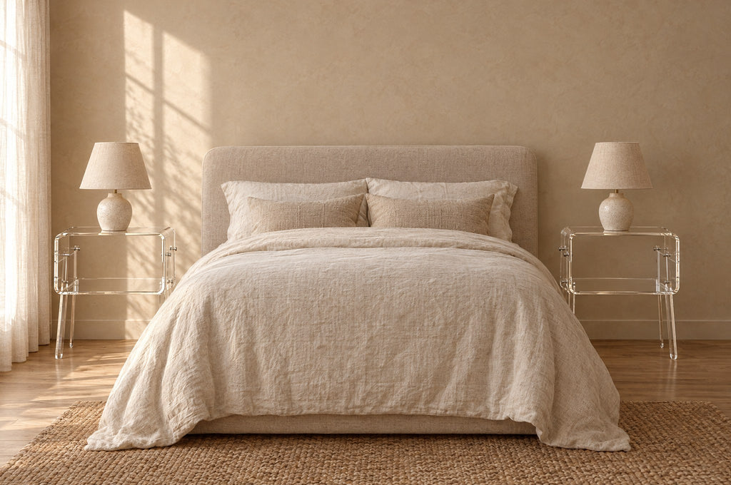 Pair of clear acrylic bedside tables on each side of a double bed